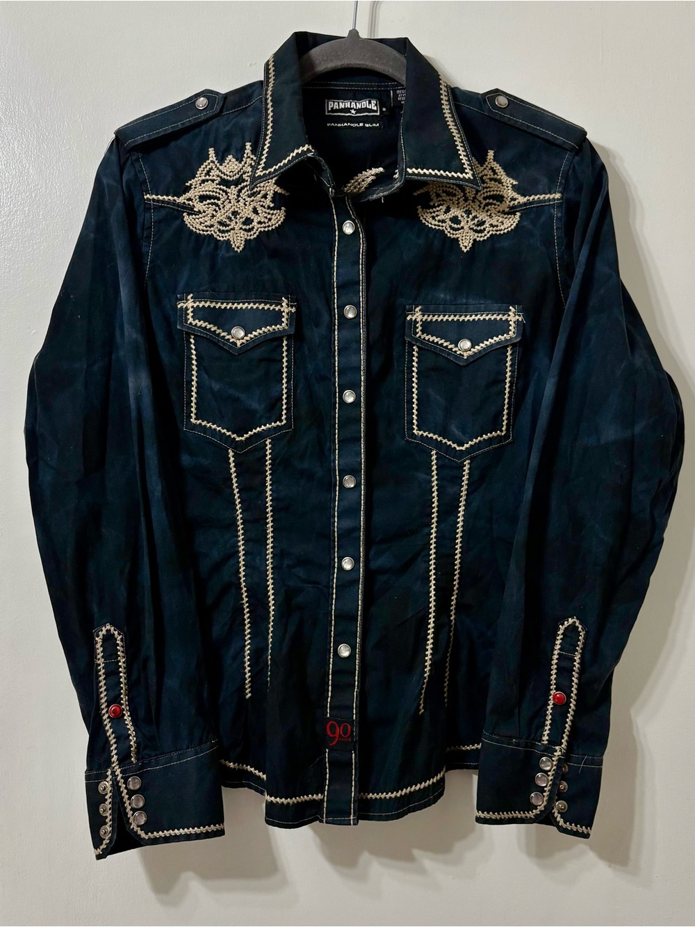Panhandle Slim Black Western Style Shirt with Cream Embroidery Accents